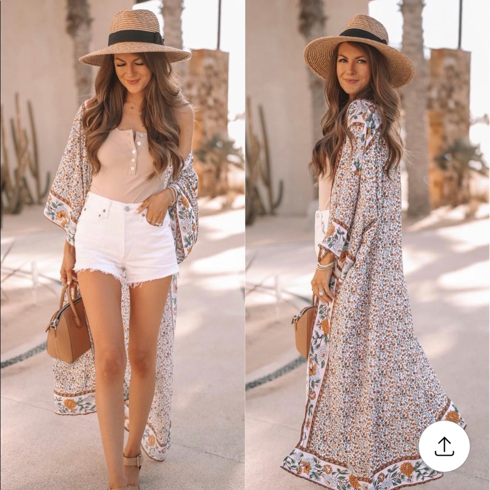 Floral Maxi Swim Coverup Kimono in Cream and Tan